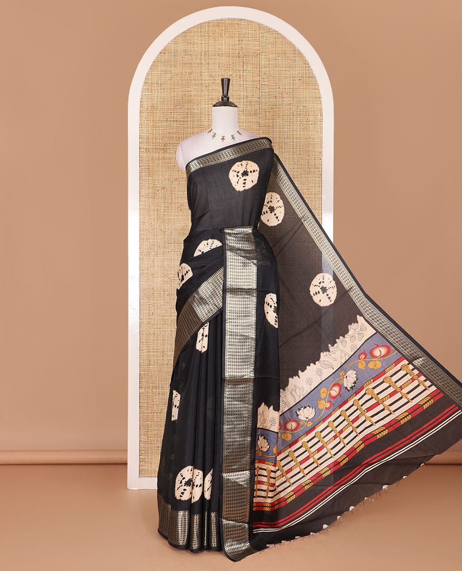 Black shibori printed dola silk saree, traditional zari border, printed pallu, and blouse of print, and zari work