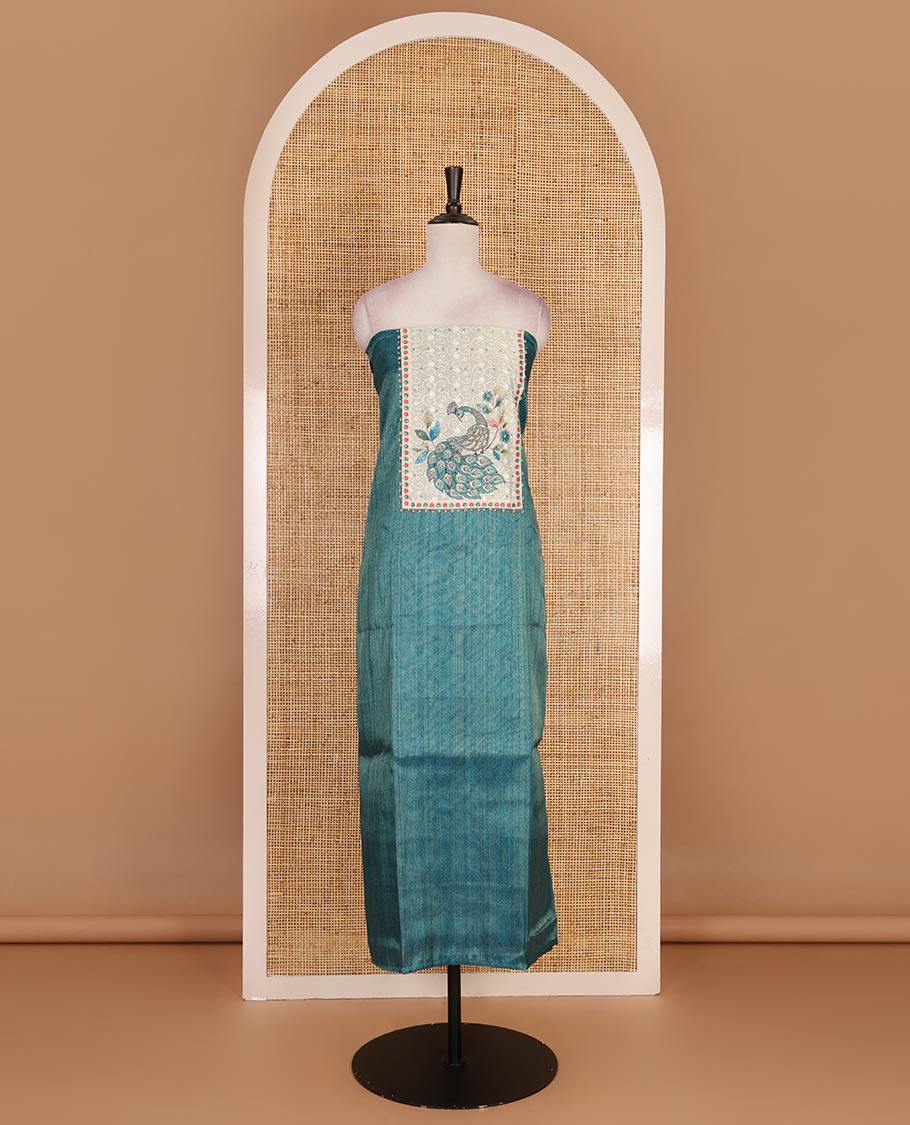 Peacock blue tissue material chudidar set, peacock printed with neck patch embroidered top, plain bottom, dupatta of peacock print, and cut work