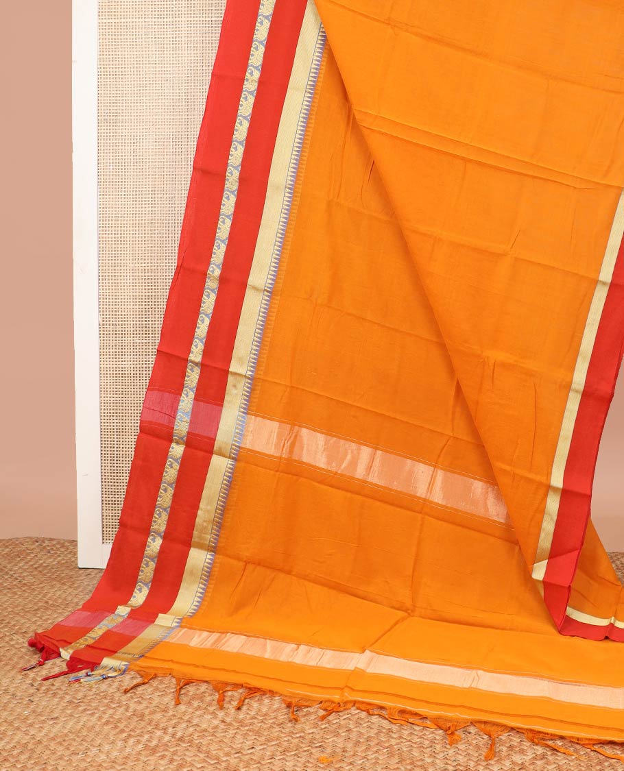 Orange narayanapet cotton saree with contrast temple elephant design border & bhavanji pallu