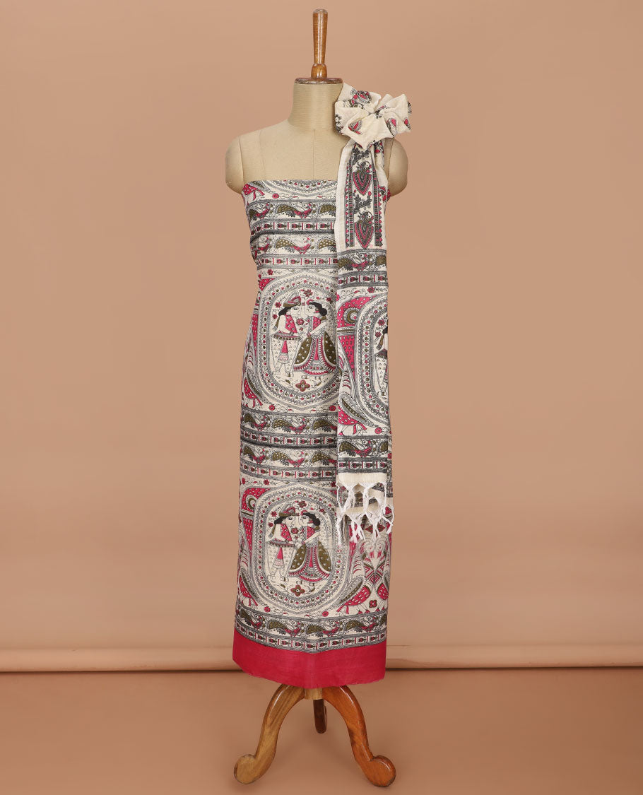 Rani pink madhubani print design bhagalapur cotton chudidhar material top with cotton material daman madhubani ptint pants & madhubani printed dupatta