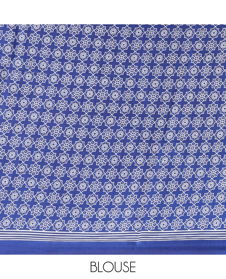 Blue vertical lining design modal satin saree with remple printed border & big circle design pallu along with printed blouse