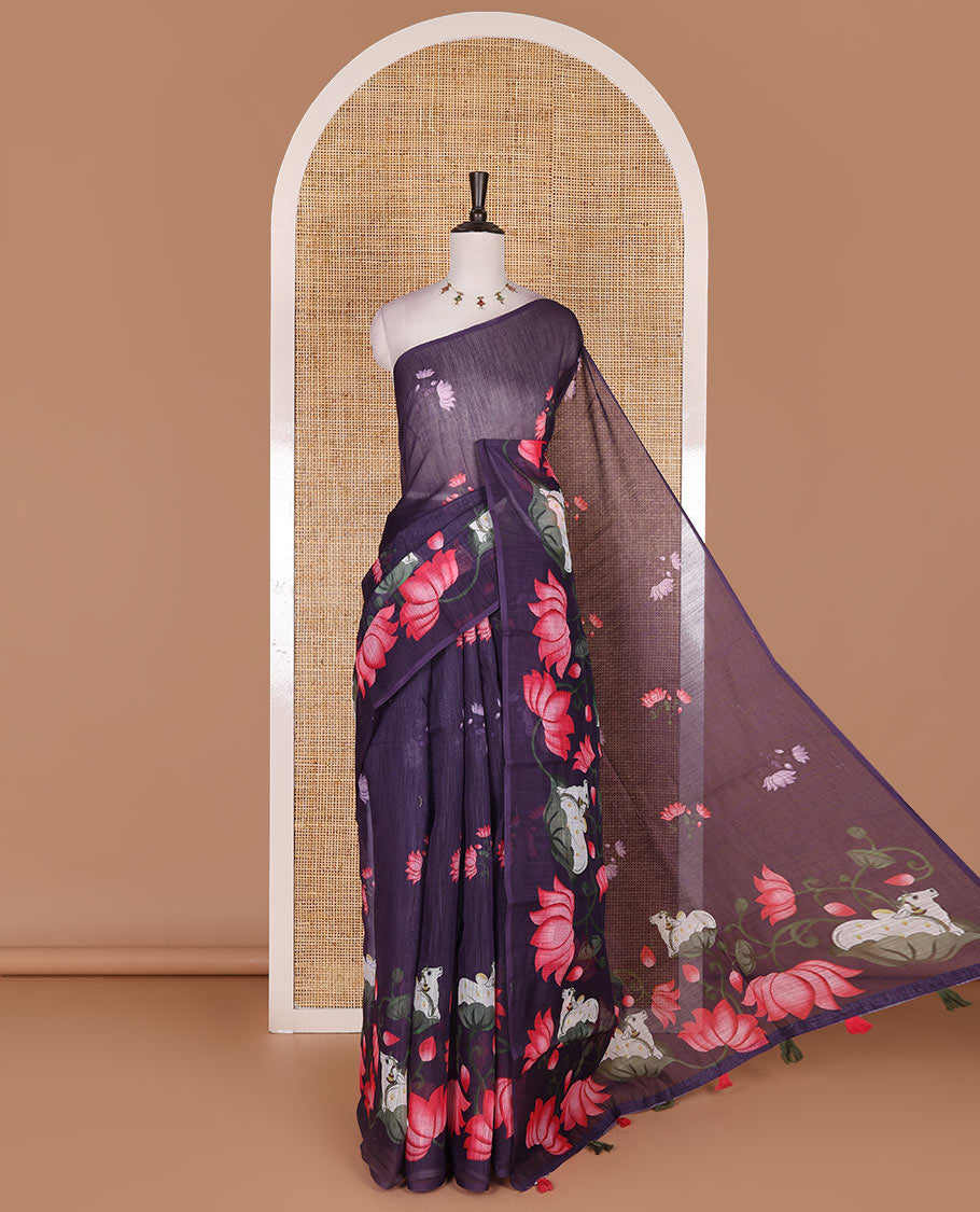 Borderless purple pichwai lotus vine and cows linen saree, pichwai printed pallu, and lotus floral printed blouse