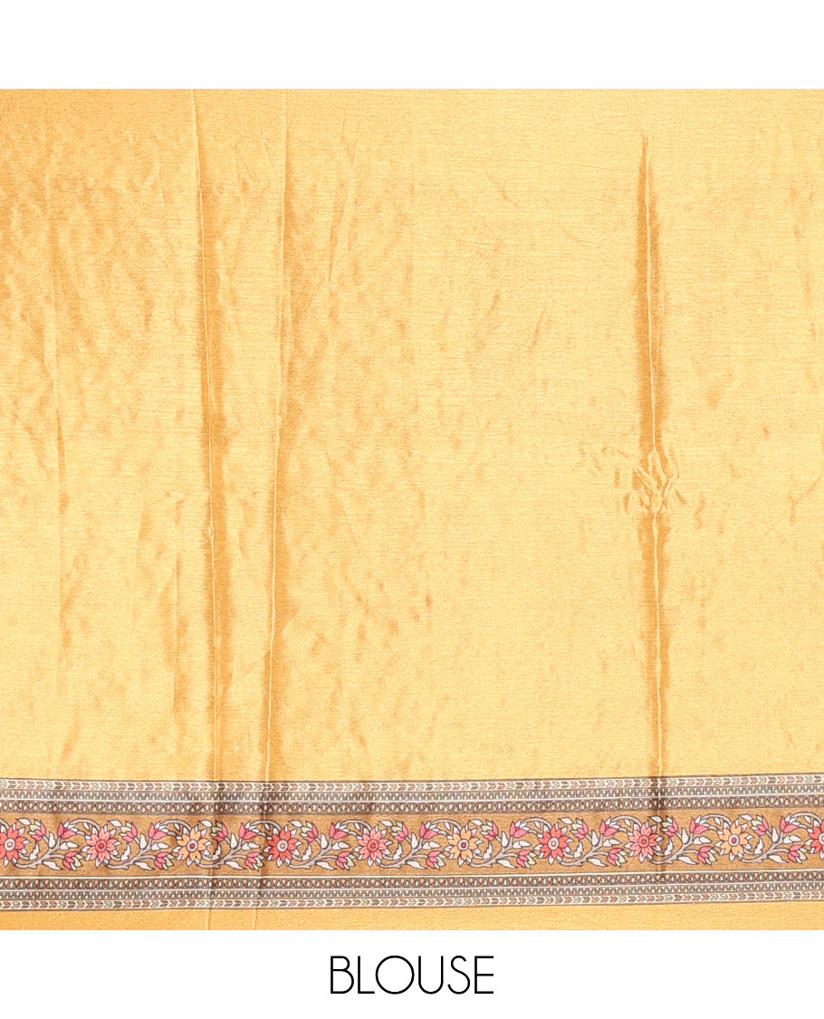 Yellow floral-printed and mirror-work masakali saree, printed with mirror-work border, an intricately decked-up Mughal-style pallu, and a matching blouse