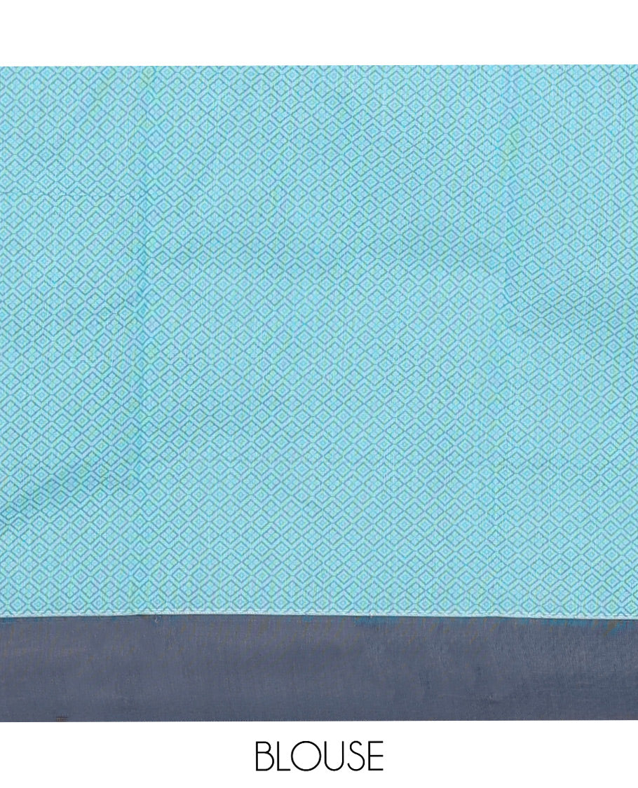 Blue Semi-Silk Cotton Saree, Subtly Adorned with Buttas on Its Body, Complemented by Contrast Border, Sparsely Designed Pallu of Geometric Designs, and Paired with a Matching Blouse