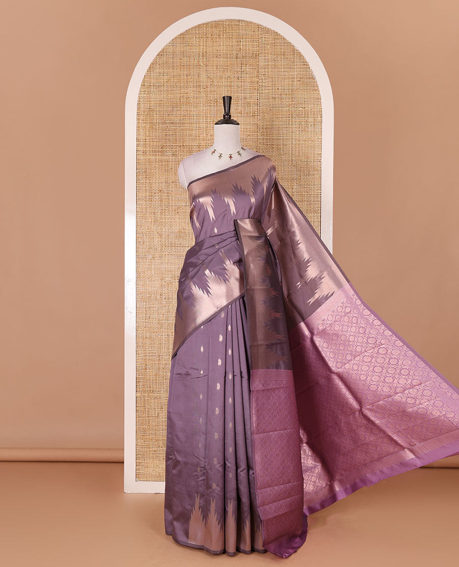 Lavender zari buttas kanchi silk saree, temple zari border, zari-rich jaal pallu, and zari motifs woven blouse