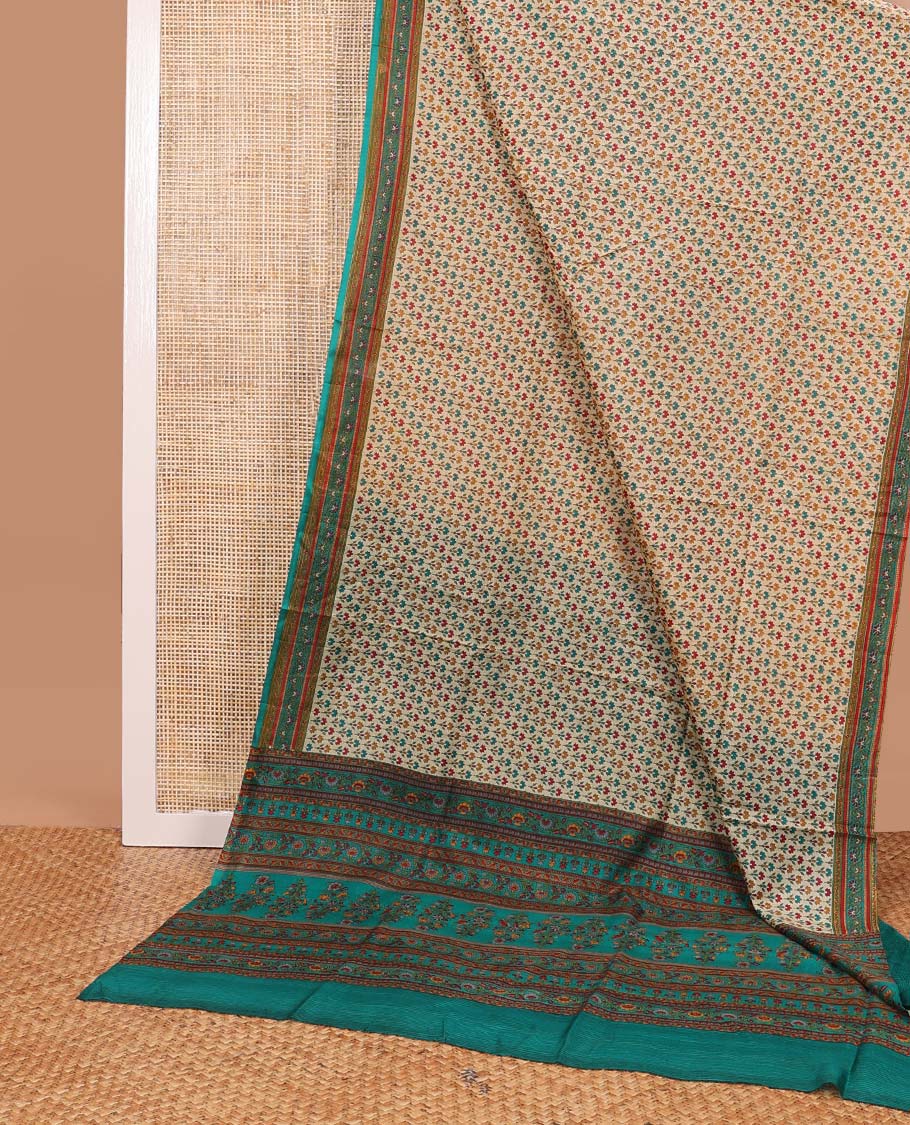 Light brown brown leaf design printed silk saree with contrast intricate design border & floral design pallu