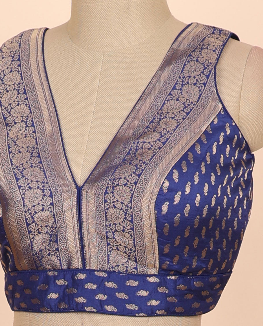 Dark blue floral zari design front & back deep v-neck raw-silk readymade sleeveless blouse