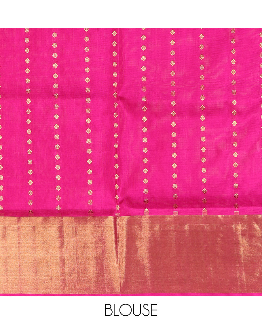 Pink Venkatagiri Silk Saree, Adorned with Parrot Zari Buttas All Over Its Body, Complemented by a Contrast Zari Border, Pallu of Intricate Designs, and Paired with a Contrast Blouse