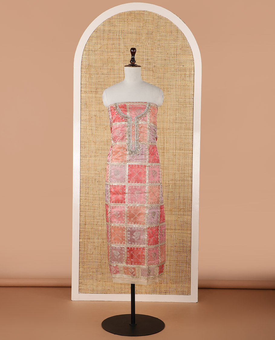 Pink-ombre organza chudidar material set, position print & intricately bead embroidered top, floral vine zari embroidery dupatta & plain santoon bottom