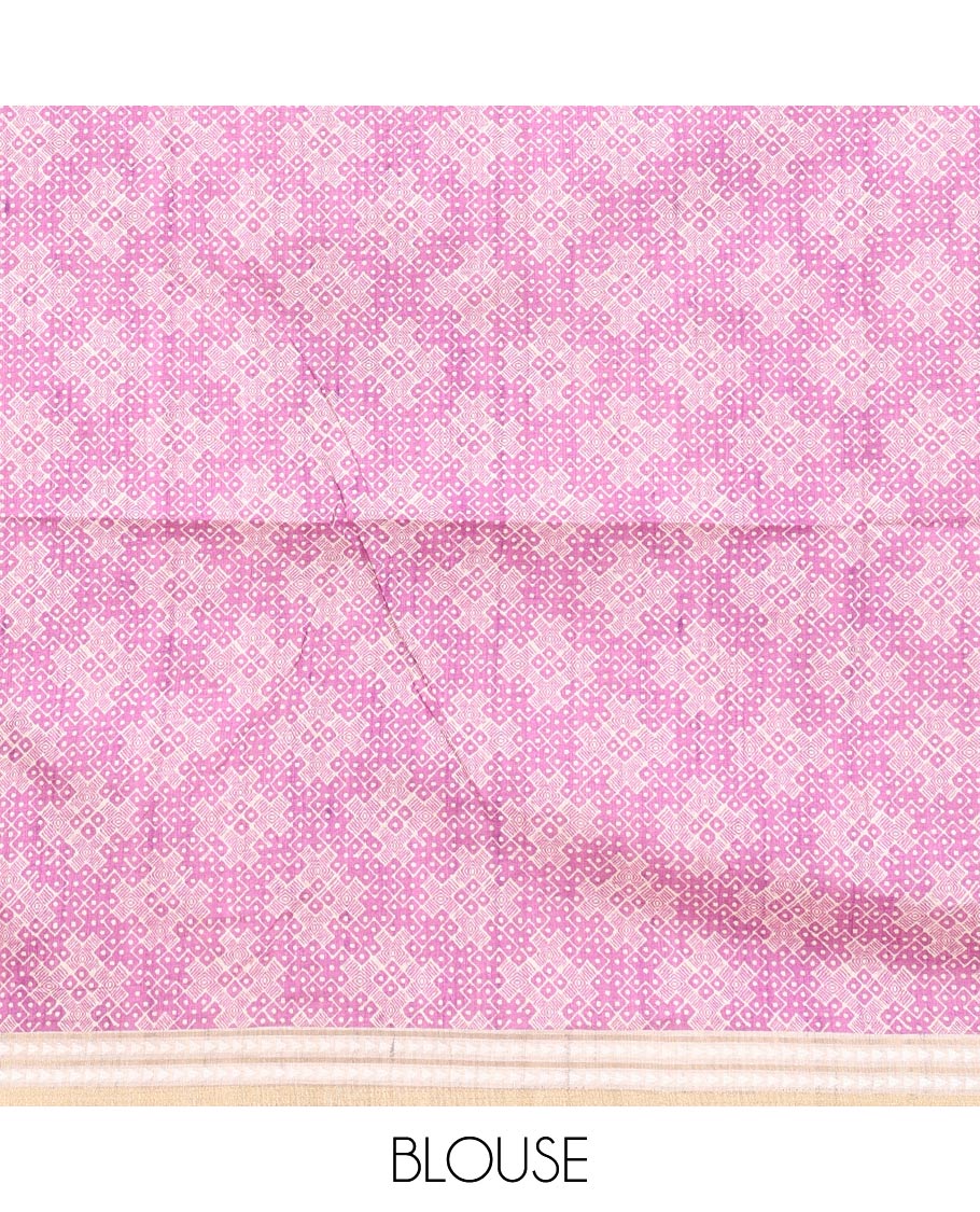 Lavender geometrical block print fancy tussar saree with zari diamond thread woven border & block print pallu along with printed blouse