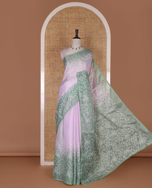 Lavender-green floral vine chickankari embroidered kota chex saree, lace border, floral vine chickankari embroidered pallu, and contrast plain blouse