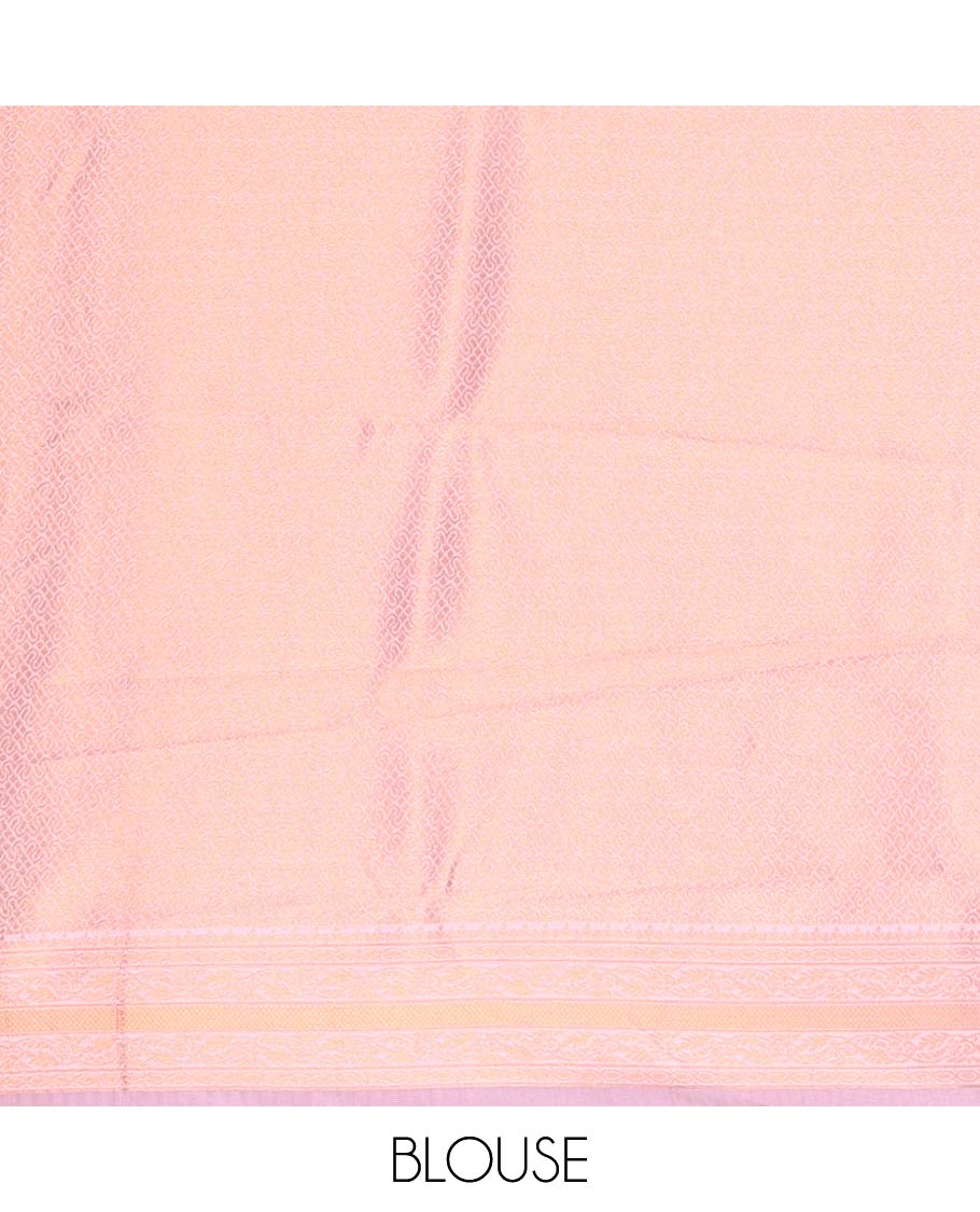 Brown-Pink Kanchi Silk Saree, Elevated with Zari Buttas All Over Its Body, Complemented by Contrast Traditional Zari Border of Wedding Theme Motifs, Grand Pallu and Paired with a Contrast Blouse