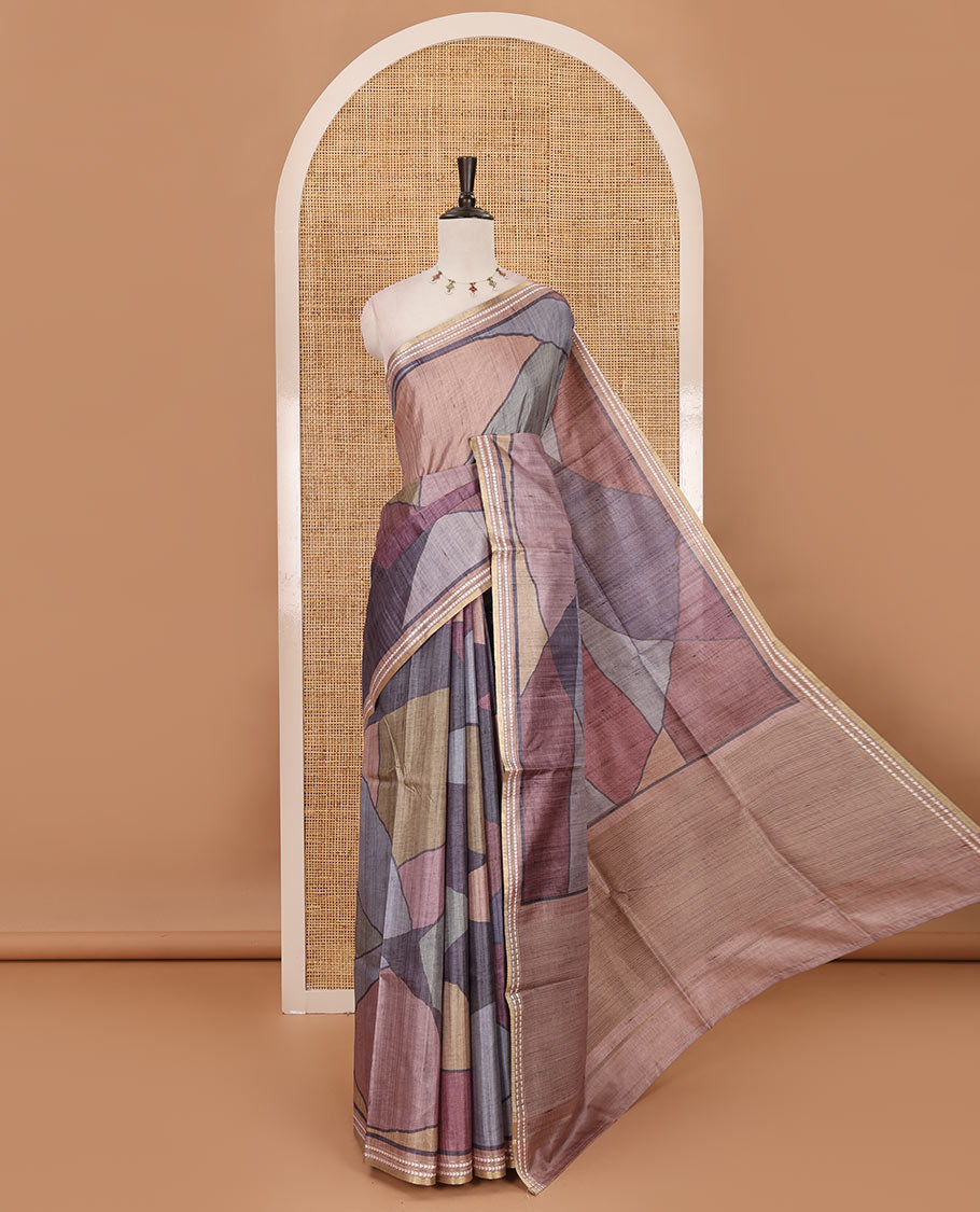 Grey abstract geometric printed semi-tussar saree, contrast thread triangle motifs border, striped pallu & contrast striped blouse