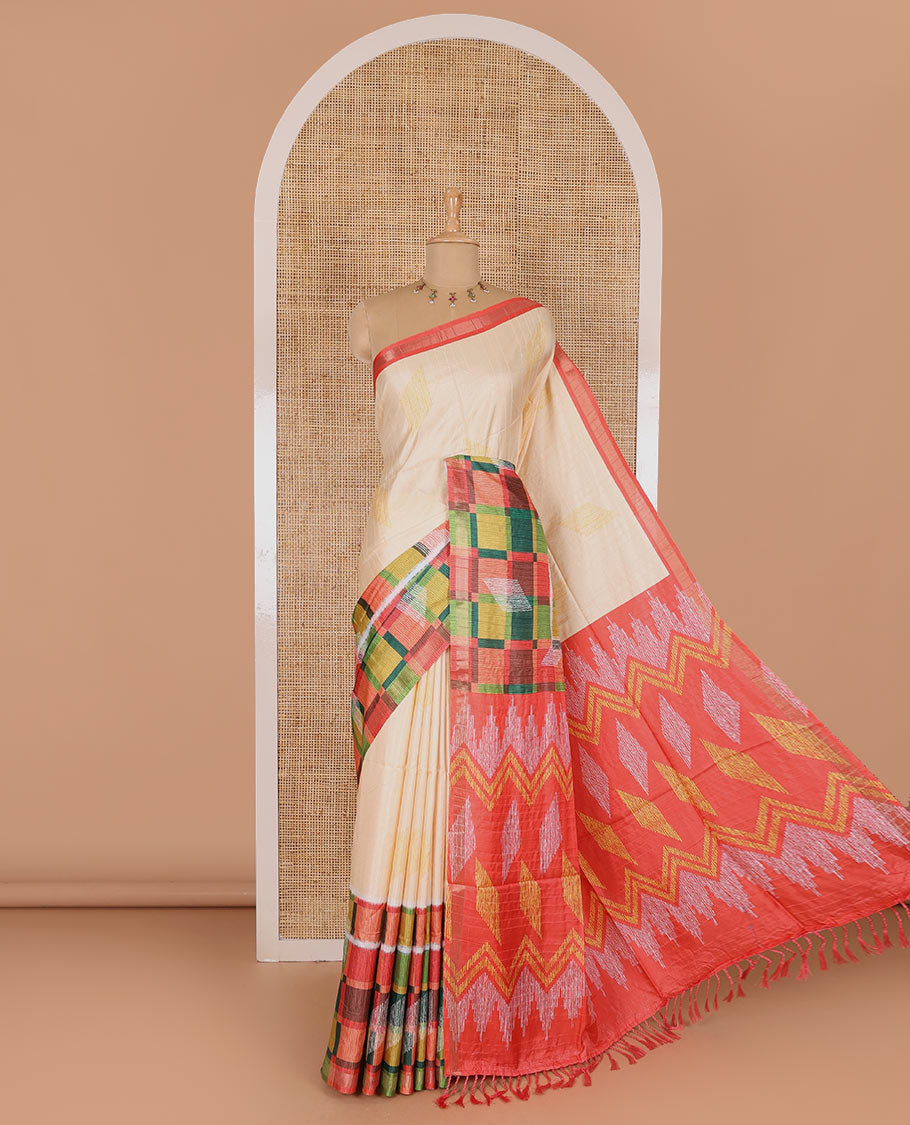 Cream diamond motifs printed katan silk saree, contrast checked border of diamonds buttas, geometric printed pallu, and a contrast blouse