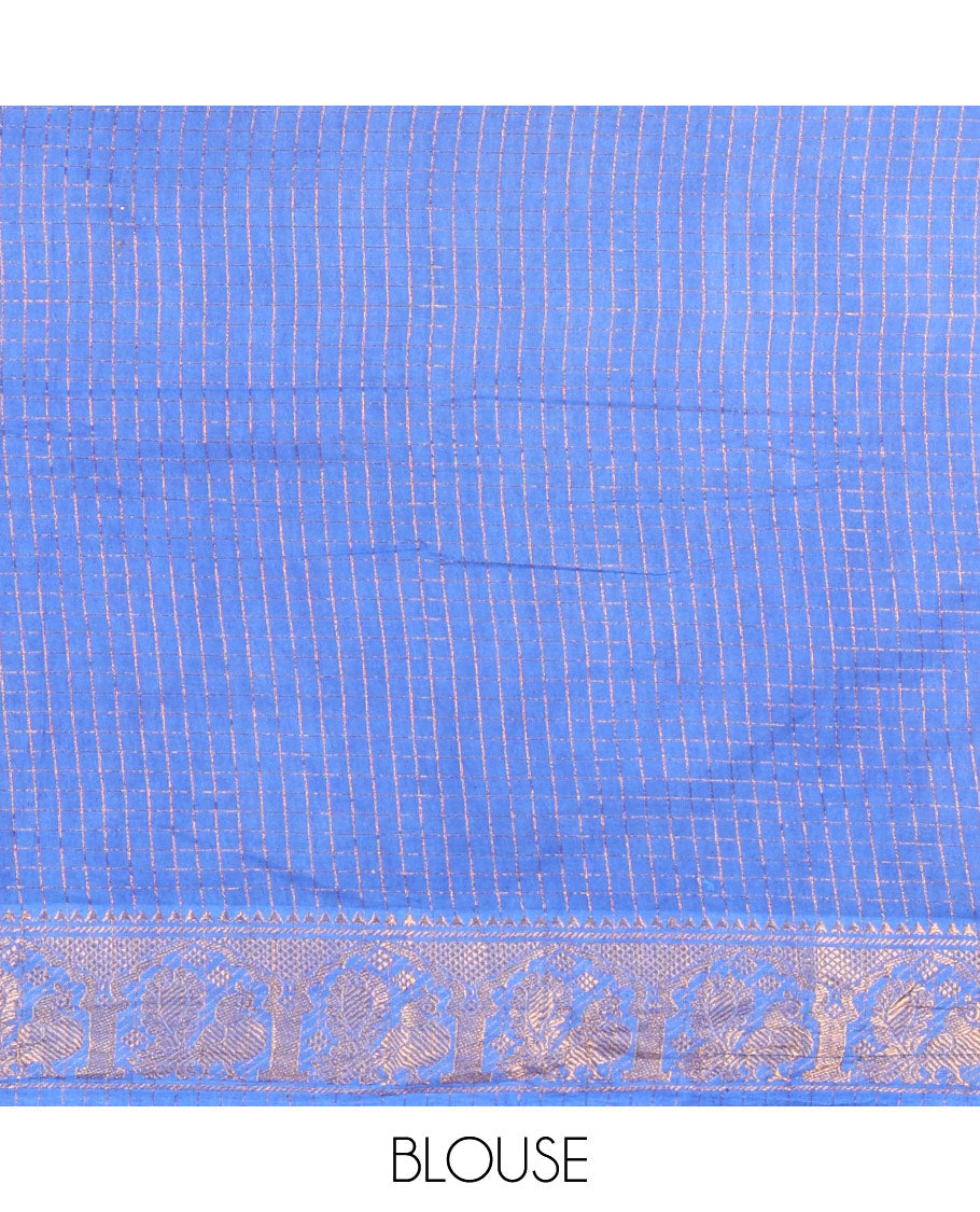 Blue and Royal Blue Sungudi Cotton Saree, Subtly Sparkled with Checks on Its Body, Complemented by a Contrast Temple Border of Peacock Motifs, Pallu Steeped with Stripes, and Paired with a Contrast Blouse