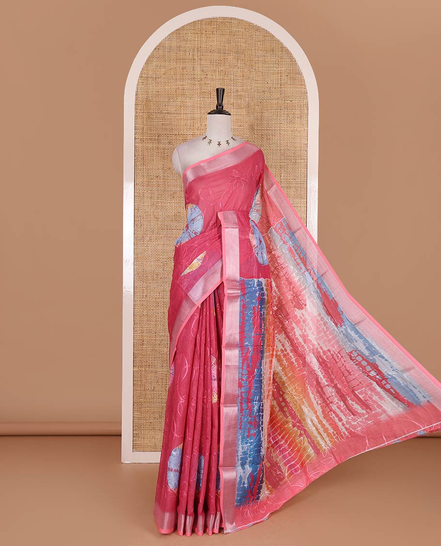 Pink shibori printed with thread floral vine embroidered linen cotton saree, contrast bavanji border, pallu, and blouse of shibori print with embroidery