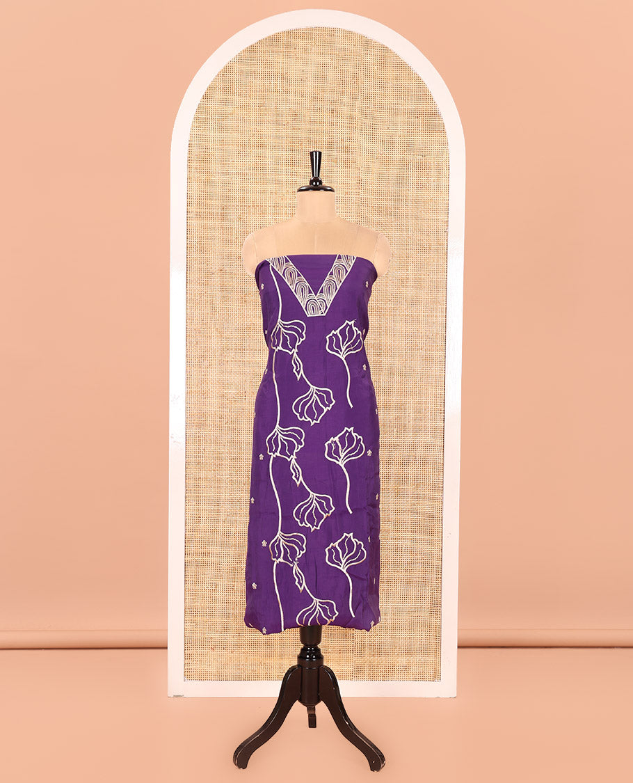 Violet Mul Chanderi Material Churidar Set, Ornamented with Flower Embroidery and Sequins Work V-Neck Top, a Plain Santoon Bottom, and Paired with a Mul Chanderi Floral Embroidered Dupatta
