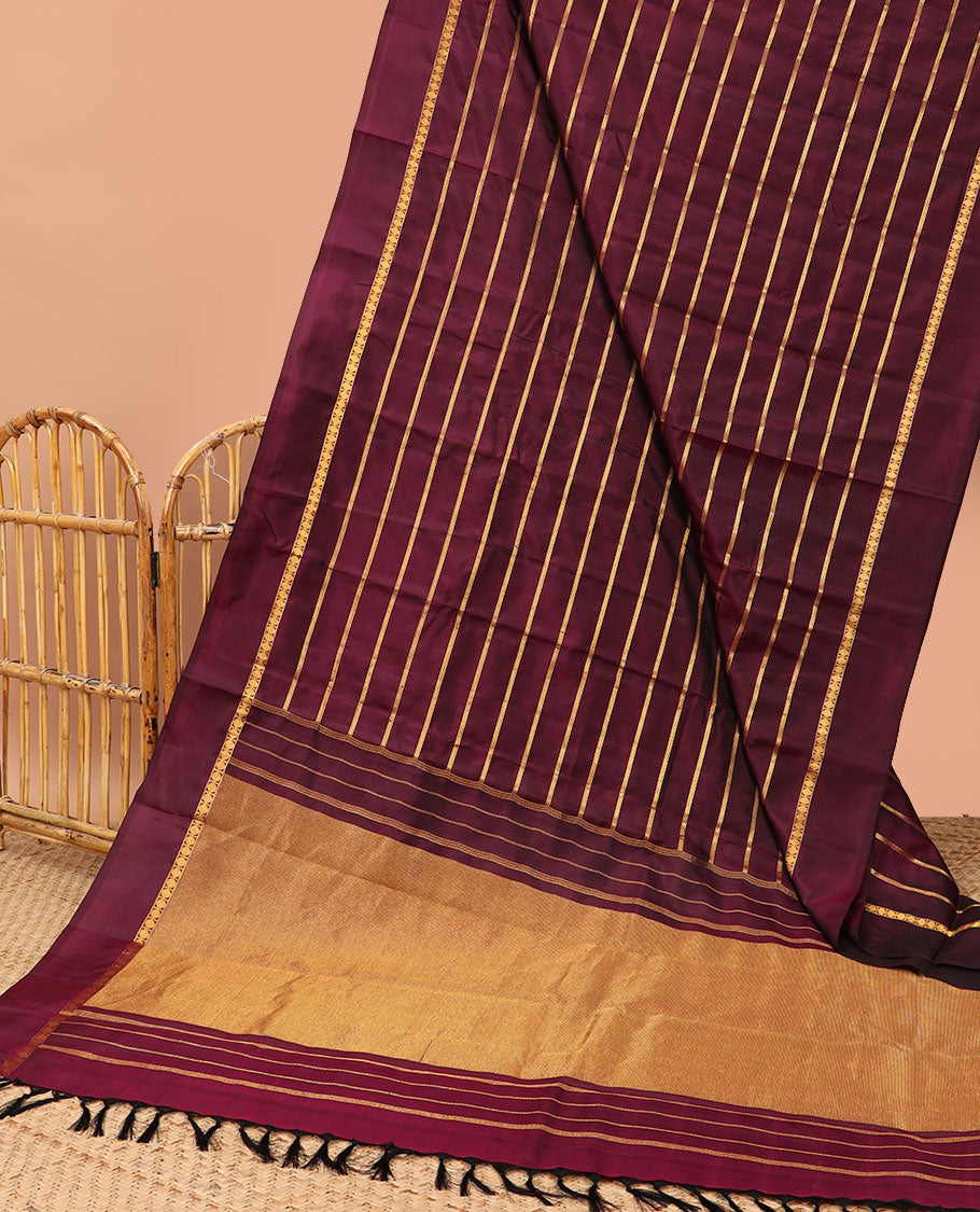 Maroon striped pure silk saree with self plain border & striped pallu