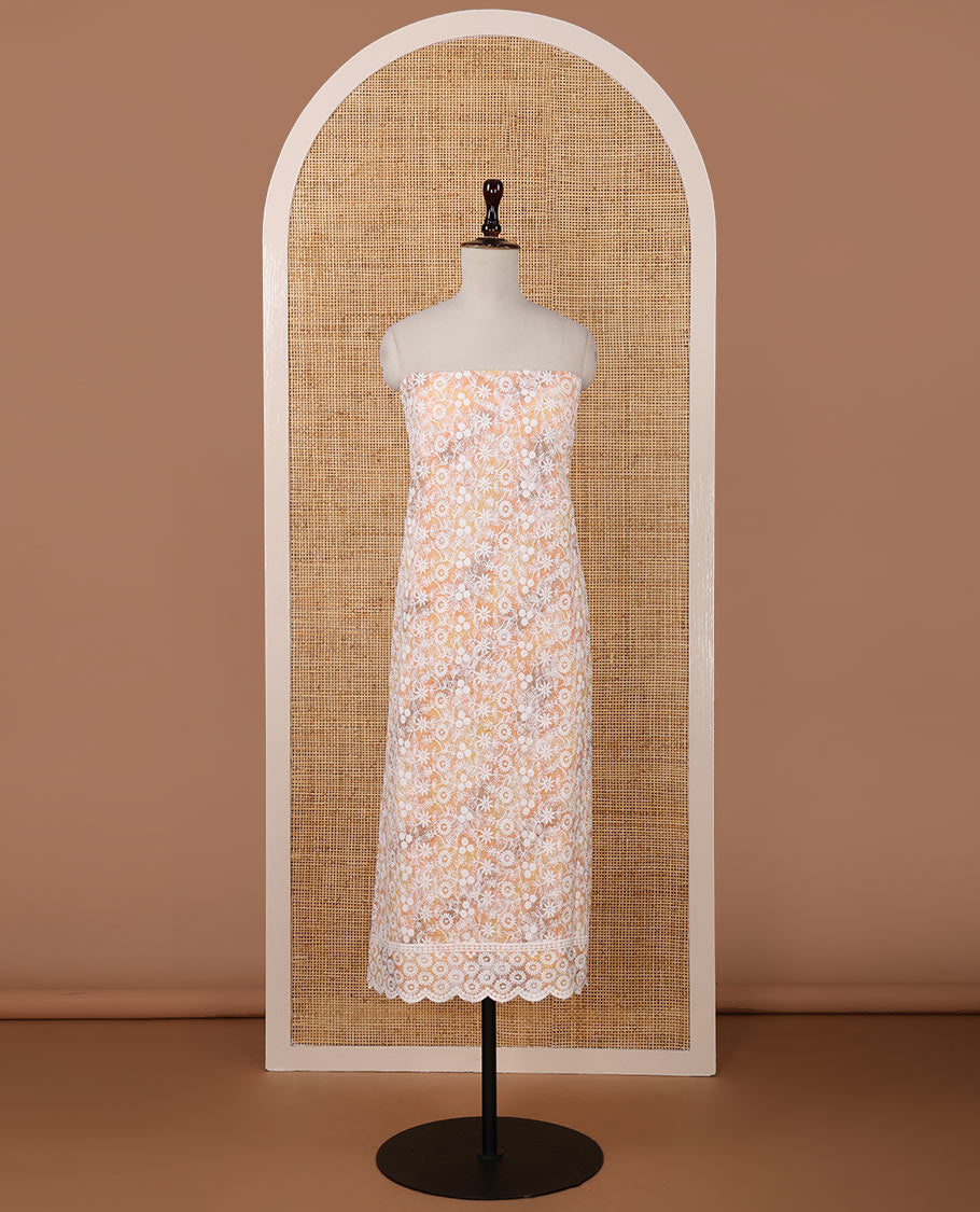 Orange chudidar material set, shibori-print & floral vine chikankari embroidered top,printed cotton bottom & floral chikankari embroidery chiffon dupatta