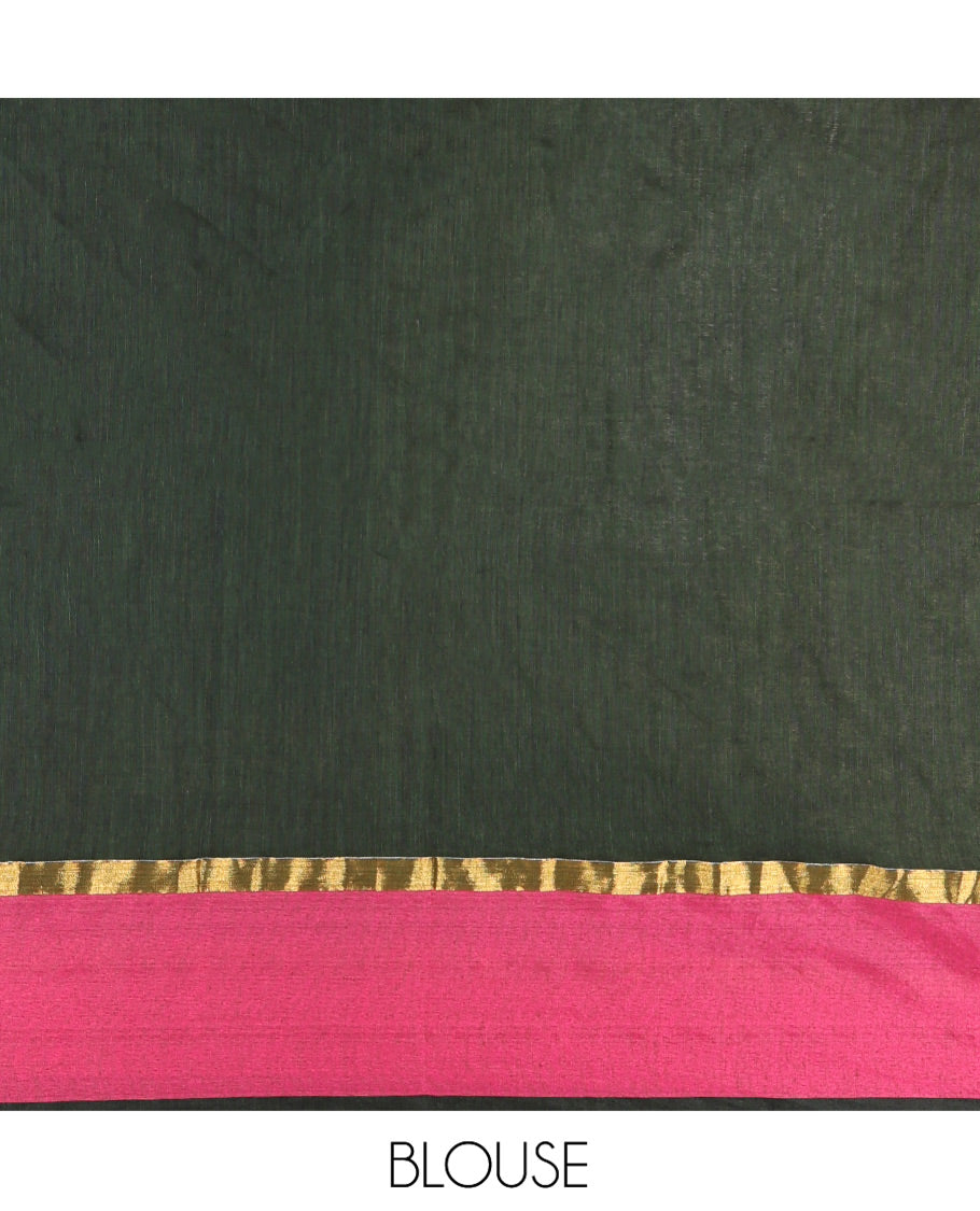 Green Plain Khadi Mul Cotton Saree, a Contrast Satin Plain Border, a Self-Pallu, and a Matching Blouse
