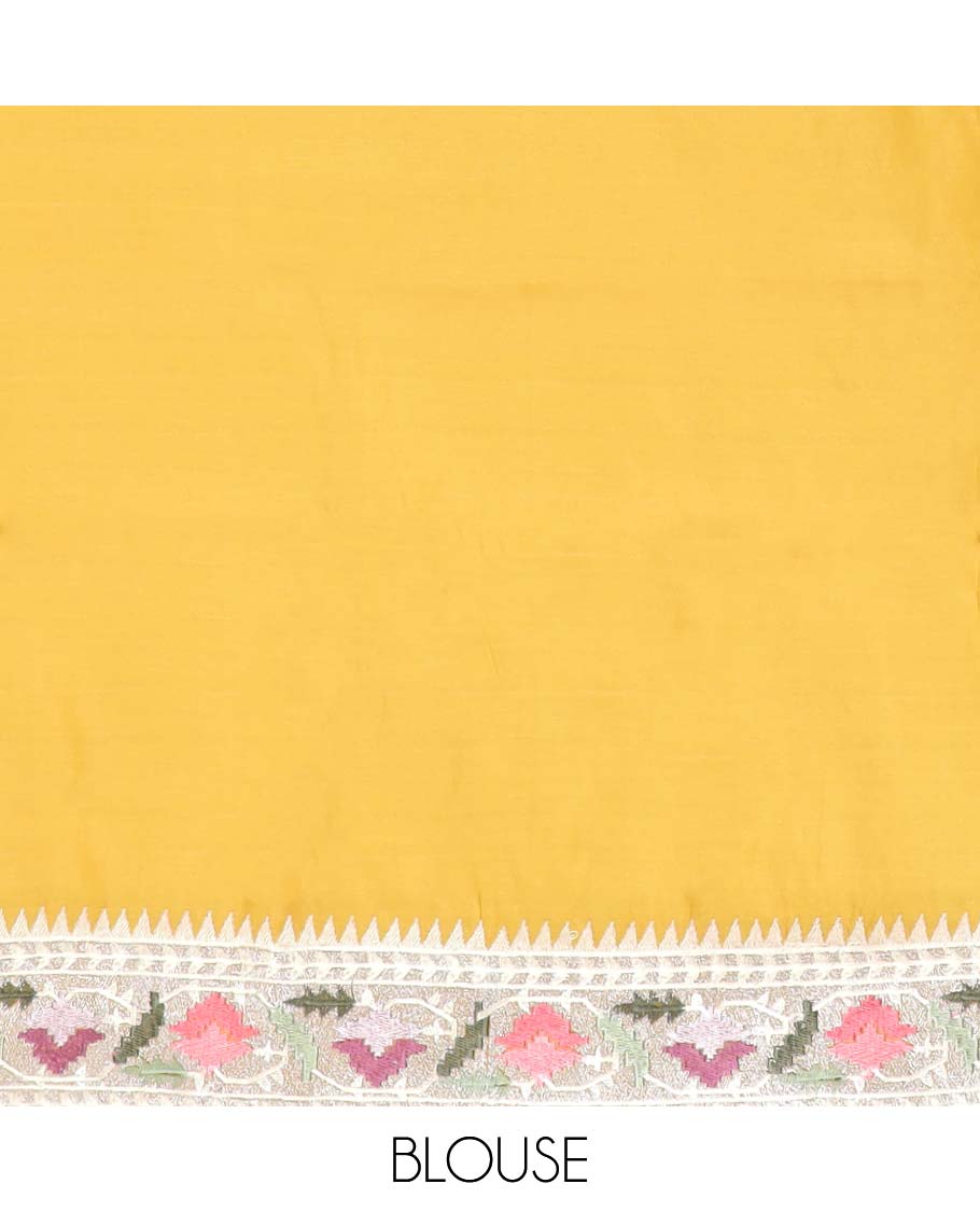 Yellow polka dot semi-banaras tussar saree & contrast floral thread embroidered border