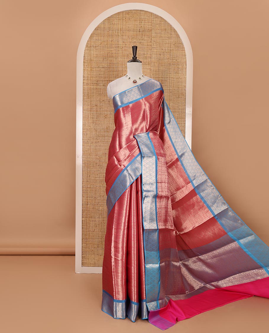Pink Color All Over Checked  Zari Border Mixed Fabric Saree And Blouse