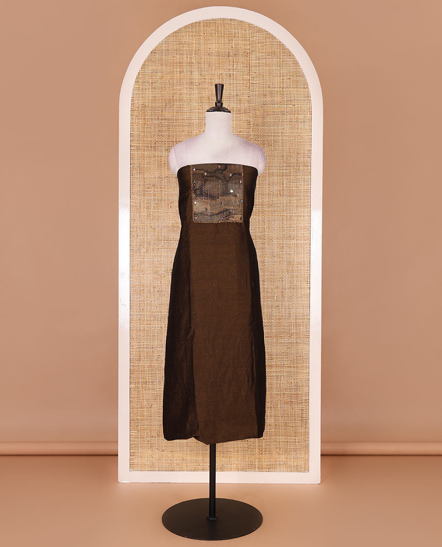 Brown material chudidar set, abstract printed with mirrorwork Vichitra silk top, santoon bottom, and abstract printed shimmer georgette dupatta