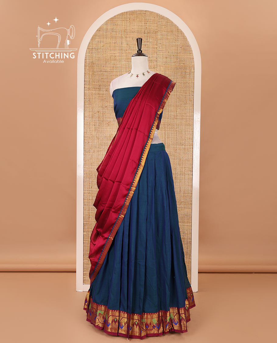 Peacock blue mercerised cotton half-saree, plain & contrast paithani peacock border skirt, matching blouse & contrast plain zari border dhavani