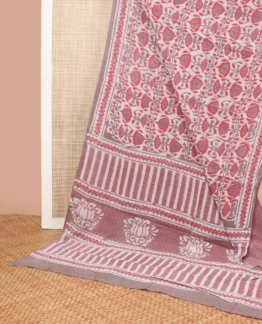 Red floral block design mul mul cotton saree with contrast intricate design & floral motifs pallu