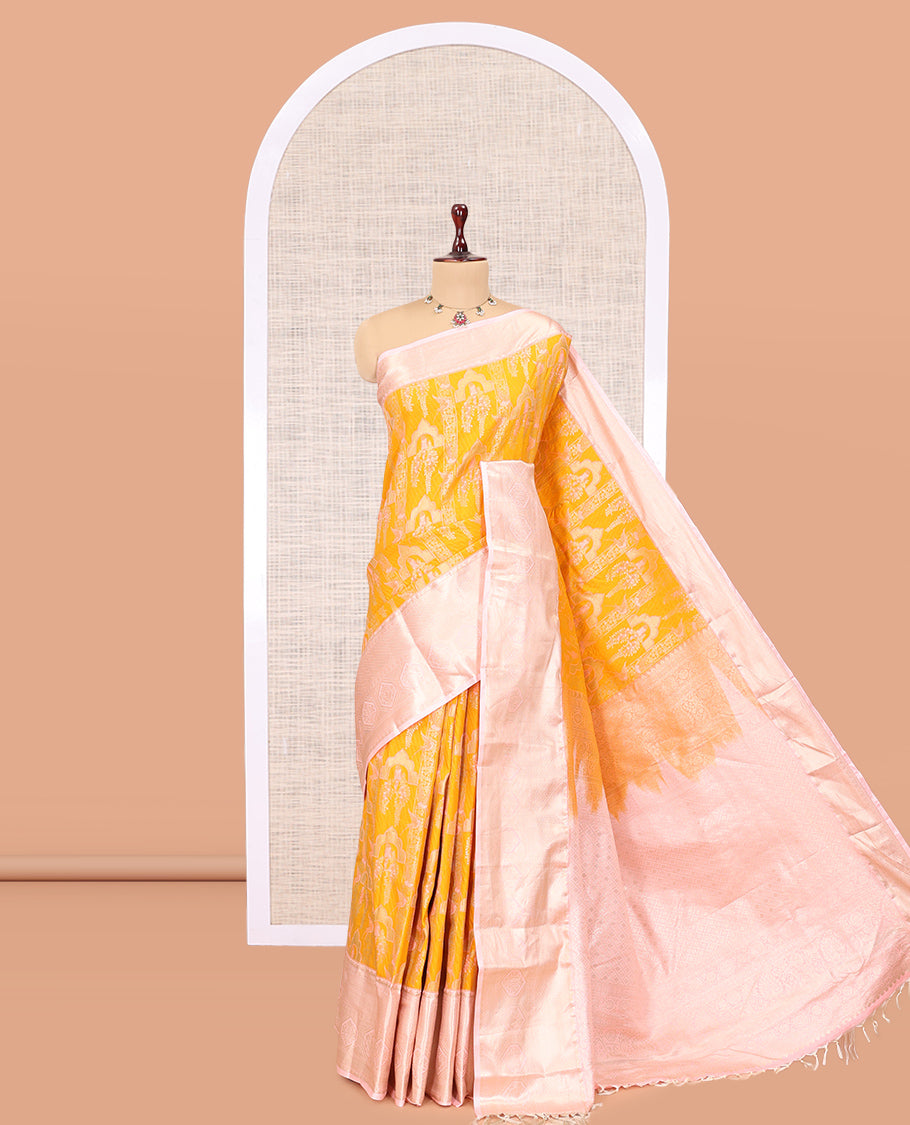 Turmeric Yellow-Peach Jacquard Budget Silk Saree