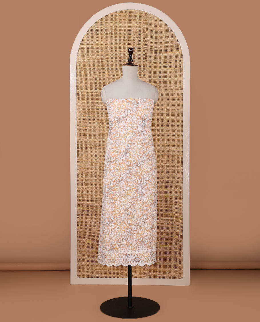 Orange chudidar material set, shibori-print & floral vine chikankari embroidered top,printed cotton bottom & floral chikankari embroidery chiffon dupatta