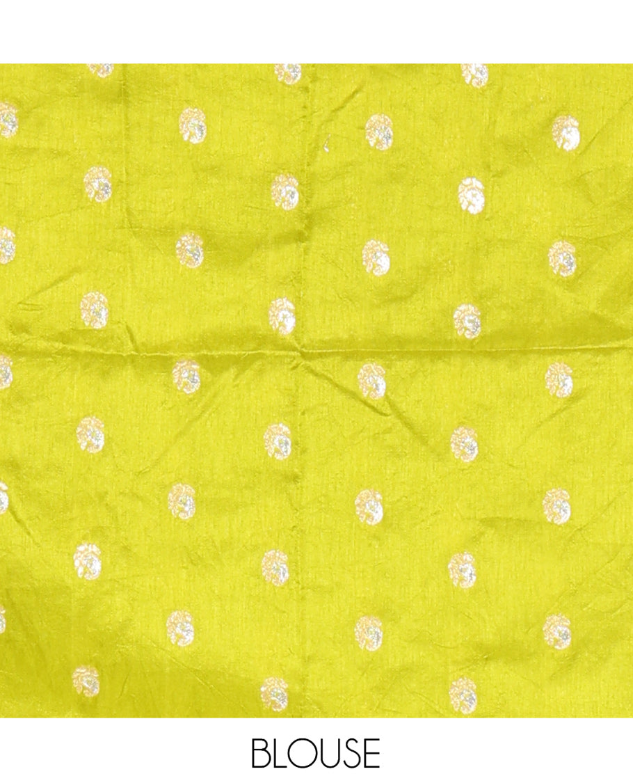 Yellow-Green Chiffon Saree, Accentuated with Dual-Dyed and Zari Checks, Paisley Border, Striped Pallu, Contrast Blouse