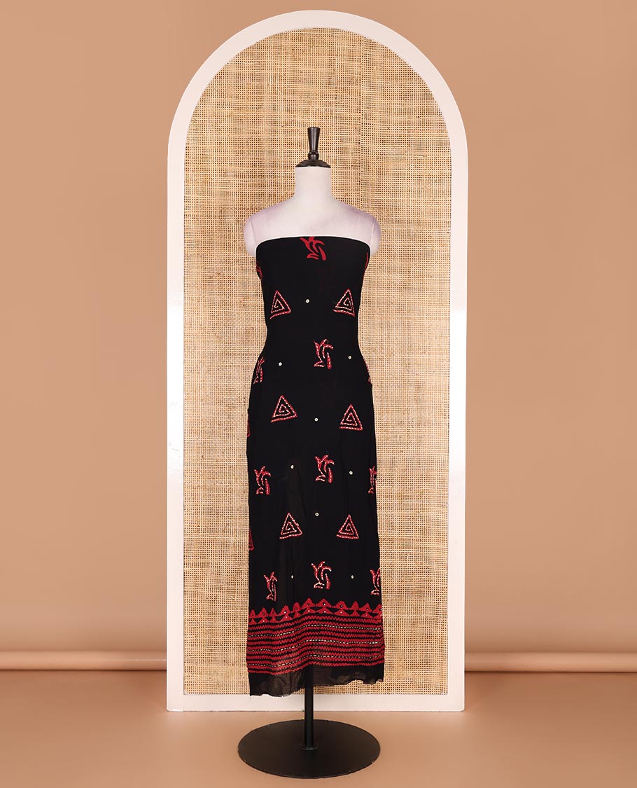 Black and pink material chudidar set, batik print with kantha embroidered top, plain contrast bottom, and batik printed dupatta