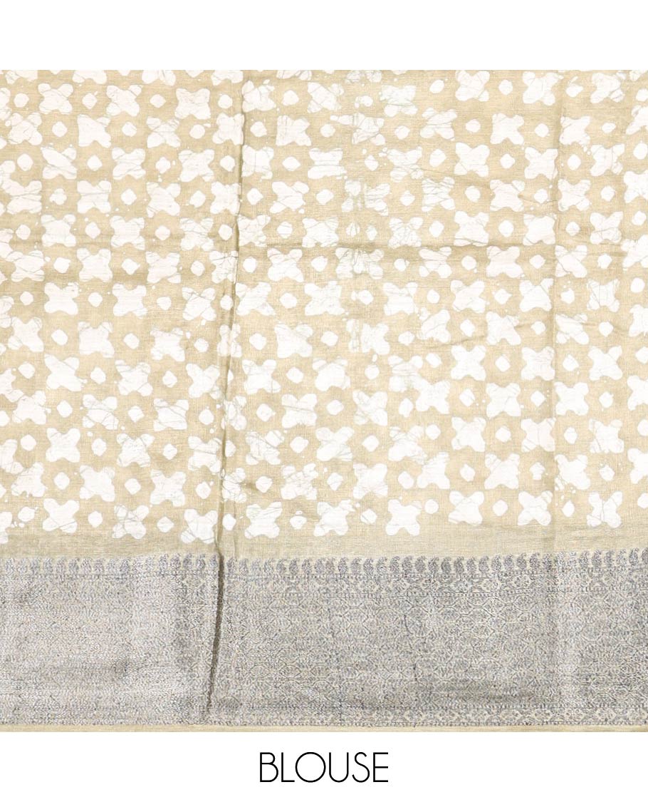 Beige tie and die style floral, geometric design tussar saree with contrast intricate zari design border & floral design pallu