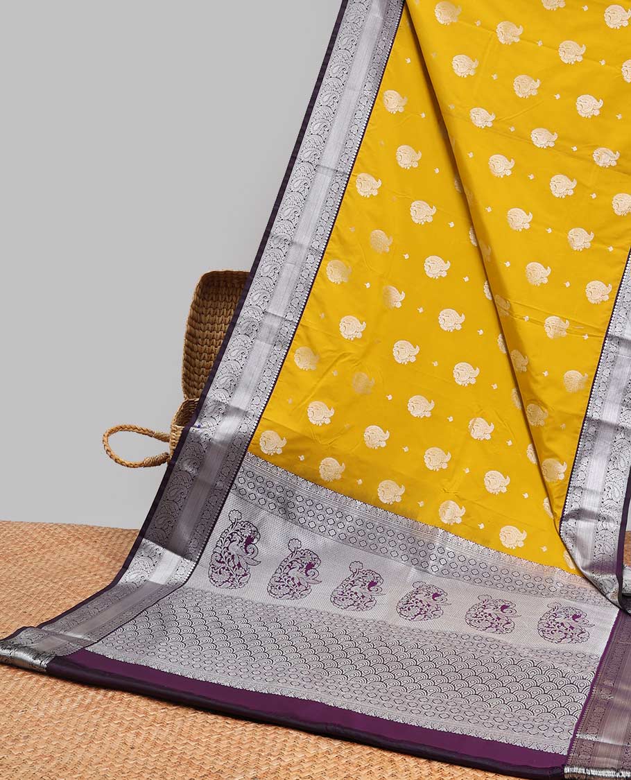 Mustard floral motifs gift saree with floral contrast zari design & intricate zari design pallu