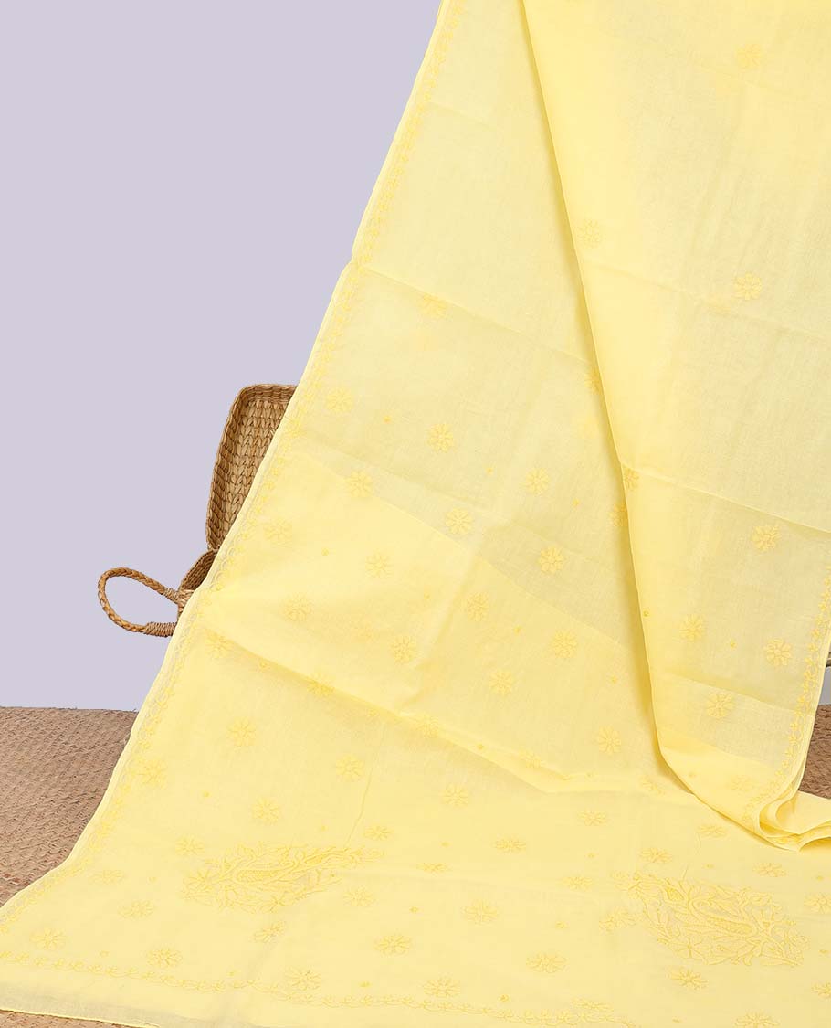 Yellow floral lucknowi chikankari cotton saree self-border & floral embroidery