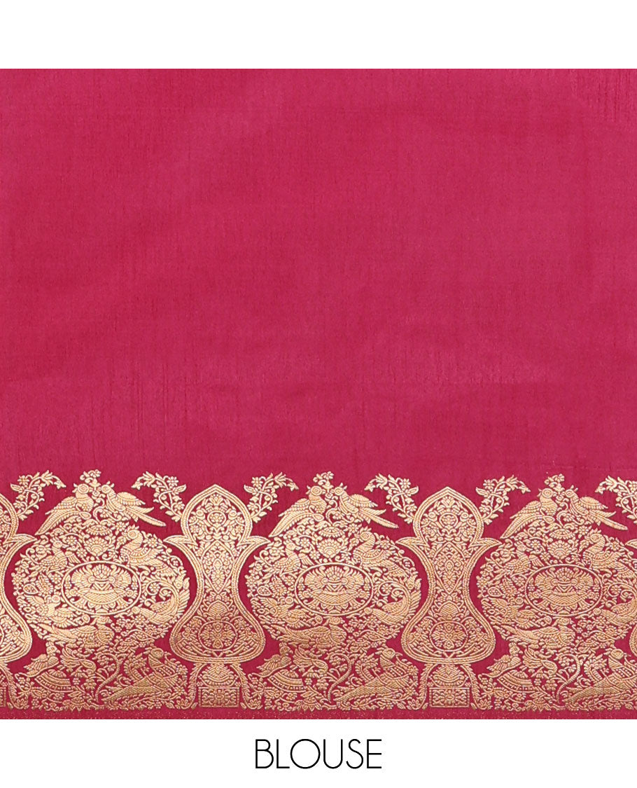 Jamun pink zari peacock butta dola raw silk saree with kancheepuram zari border with geometrical zari pallu along with plain blouse