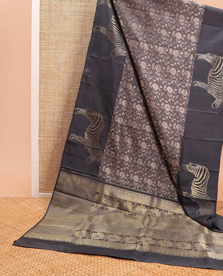 Black floral vine design kanchipuram designer silk saree with self zebra design border & intricate zari design pallu