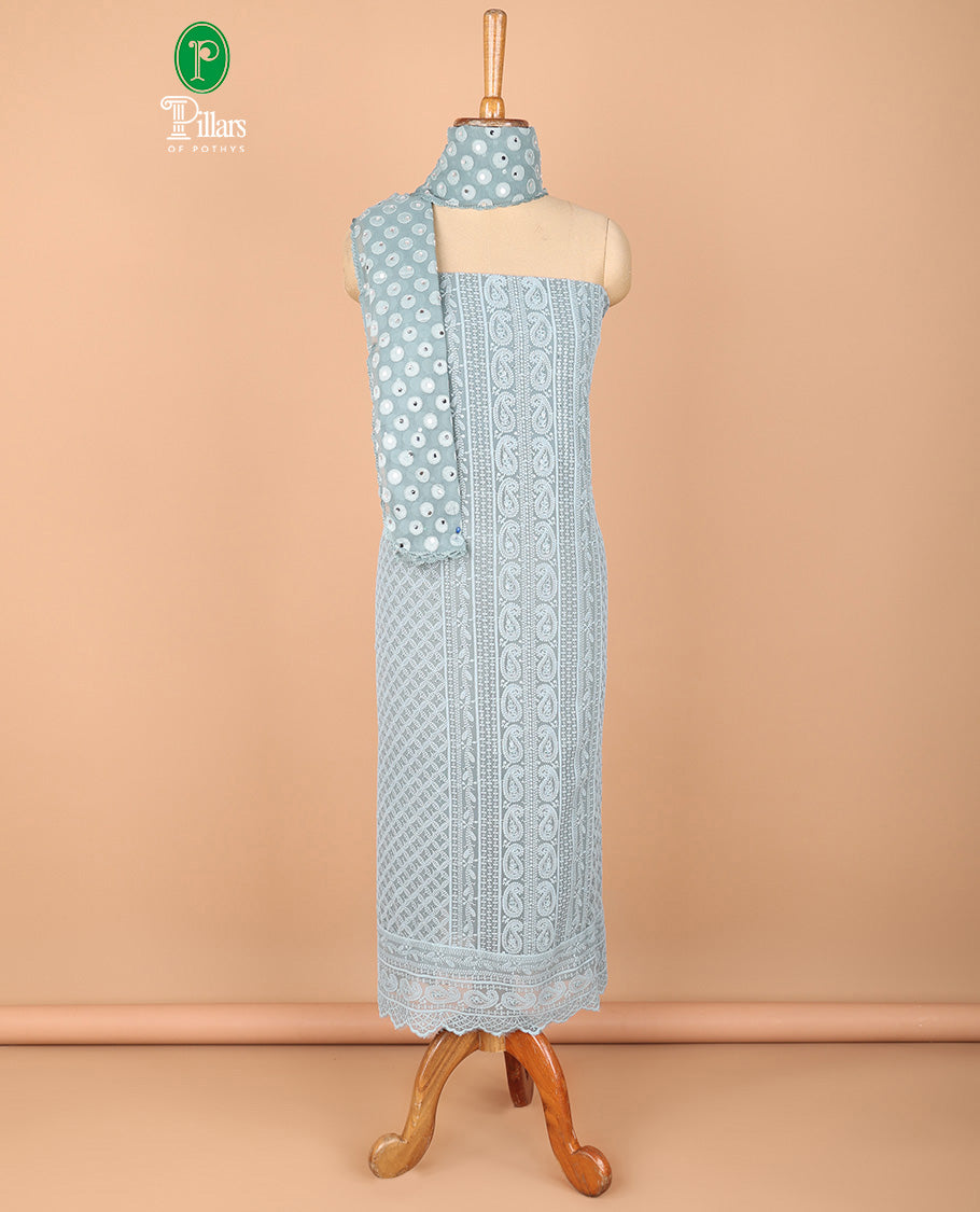 Grey chudidhar material set Georgette lucknowni design embroidery, top daman carry mango design top with crape materil with lining pant & mirror work, scallop border dupatta