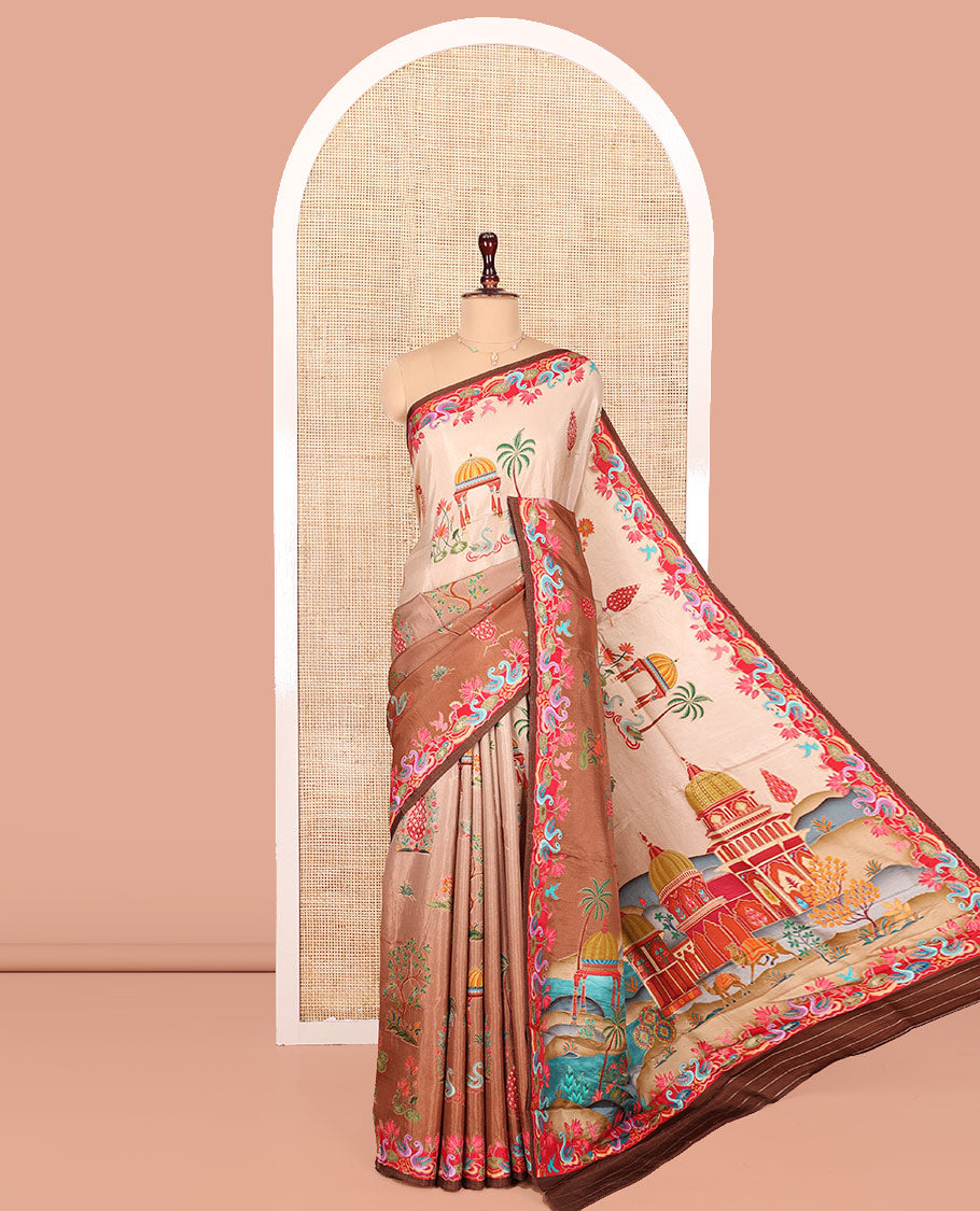 Pale Brown Dola Silk Saree, Richly Detailed with Mughal-Style Design on Its Body, Complemented by Contrast Floral-Bird Printed Border, Mughal-Style Printed Pallu, and Paired with a Contrast Blouse