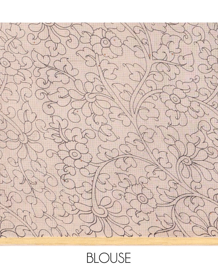 Black Kota Cotton Saree, Artfully Printed with Pichwai Cow Motifs on Its Body, Complemented by Contrast Border of Floral Creeper Print, Pallu Pictures Kalamkari Peacock and Floral Designs, and Paired with a Contrast Floral Printed Blouse