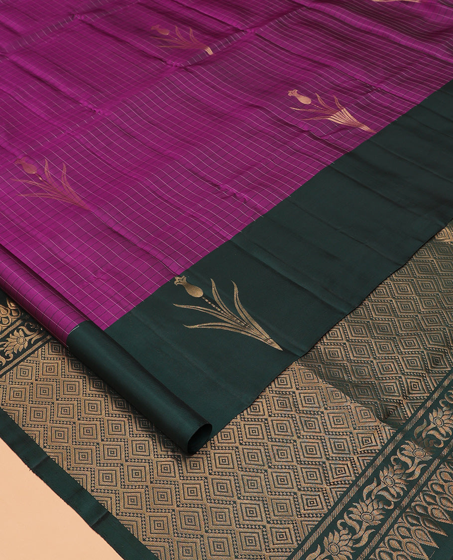 Purple Mayuri Lite Silk Mix Saree, Woven with Buttas and Checks, Contrast Zari Butta Border, Grand Jaal Pallu, and a Contrast Blouse