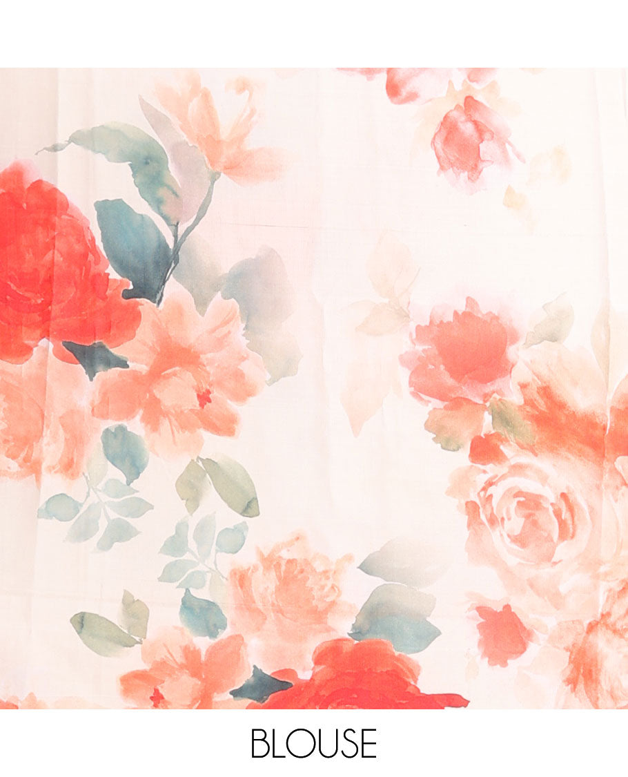 Cream floral jacquard crepe saree with self floral design border & floral printed pallu