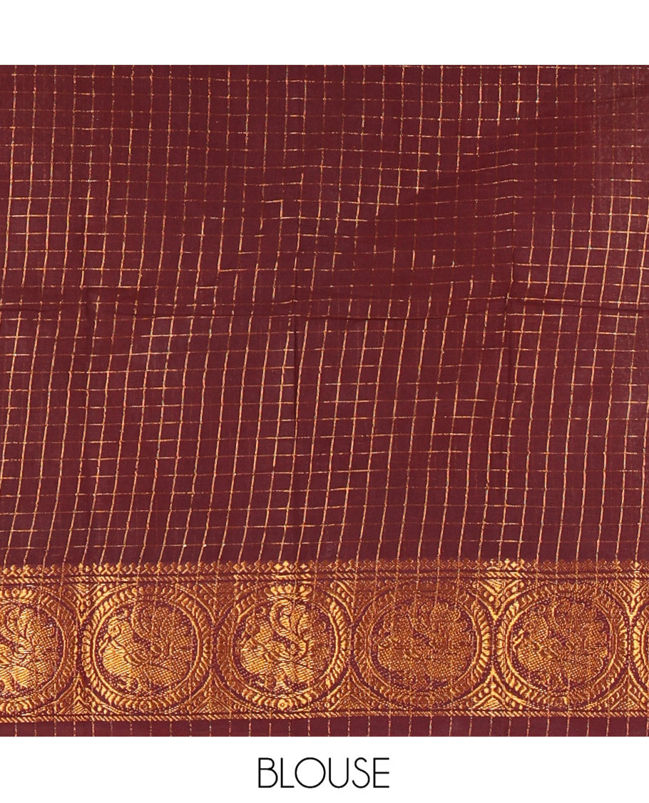 Mustard Zari Checked Sungudi Cotton Saree, Highlighted by Peacock Zari Border, and a Contrast Blouse