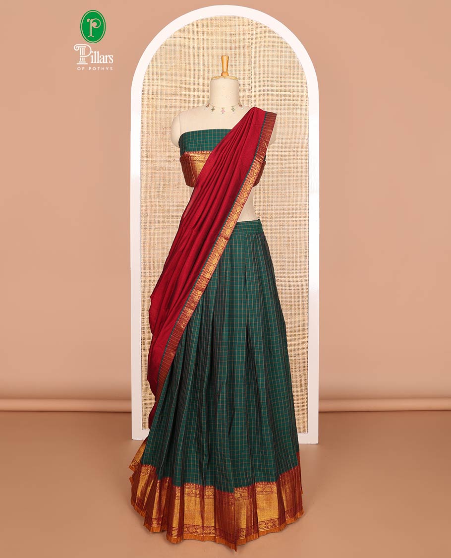 Dark green mercerised cotton daman zari border, checked design half saree with mercerised cotton checked blouse & skya georgette one side zari border work