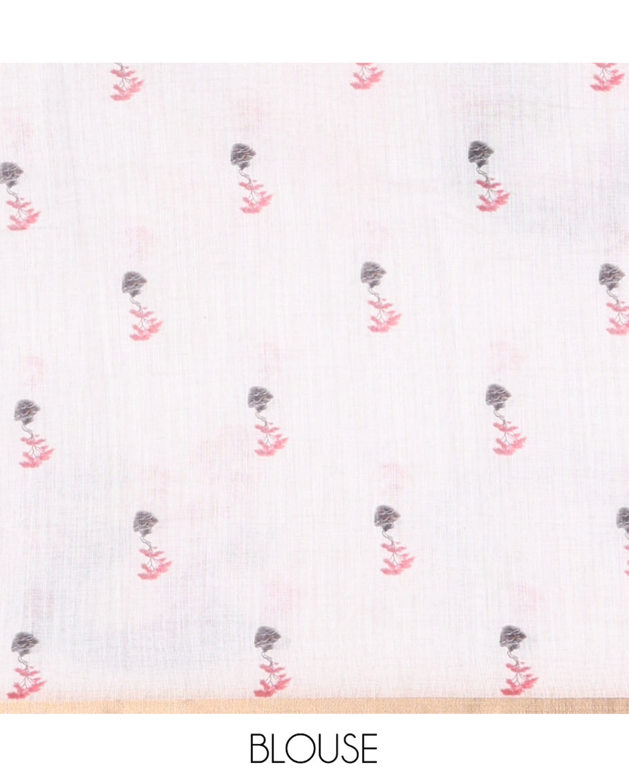 White Linen Cotton Saree Depicting Chinese Women Motifs Printed on Its Body, and Pallu, Subtle Piping Border, and Paired with a Matching Blouse