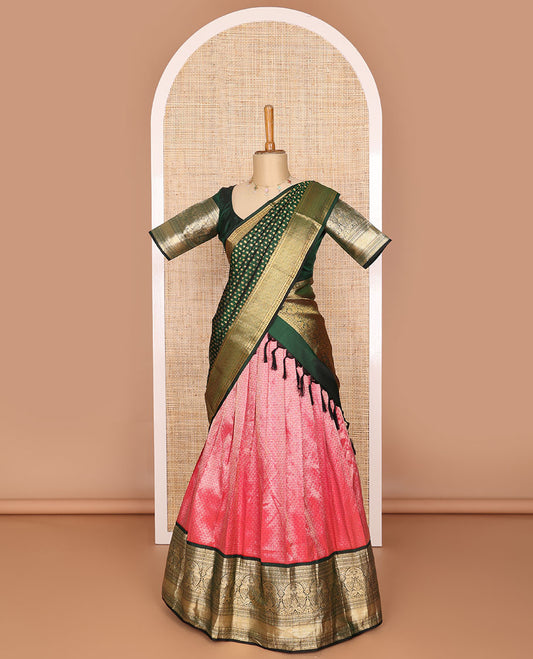 Pink checked floral design readymade silk half saree with contrast intricate zari design border, floral design blouse & floral design dhavani