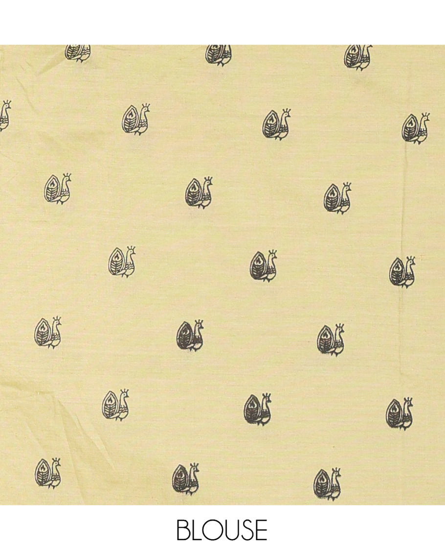 Borderless Pista Green Warli Printed South Cotton Saree, Printed Pallu and a Matching Blouse