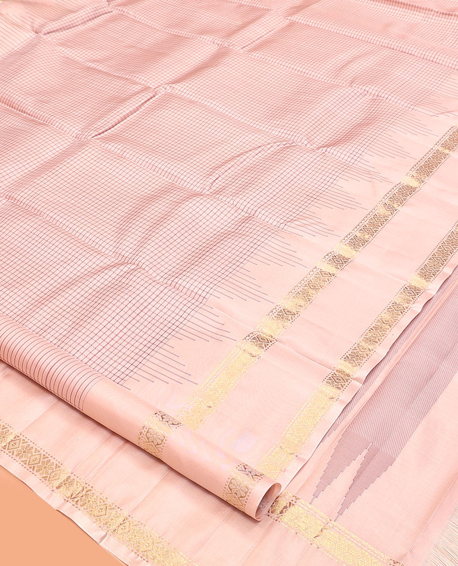 Pink Kanchipuram Silk Saree, Elevated with Checks, Highlighted By Zari Rettai Pettu Border, Pallu of Stripes and Temple Design, and a Matching Blouse