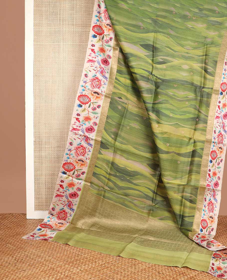 Green motifs, abstract design tussar saree with contrast floral design border & checked design pallu